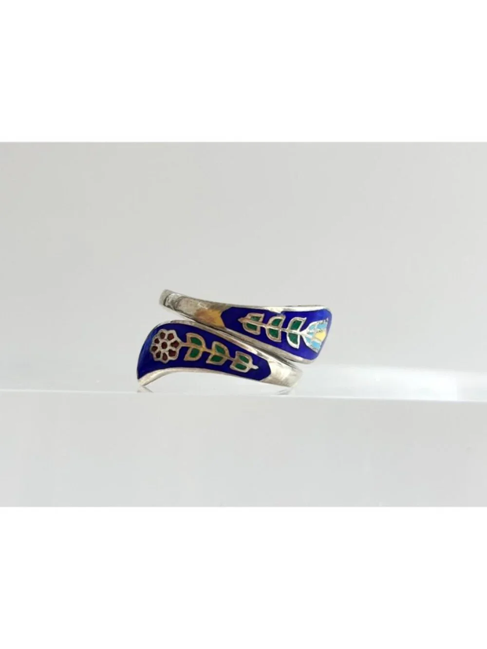 Cloissone Enameled Floral Made Wrap Sterling Silver 925 Vintage Ring - sz 4